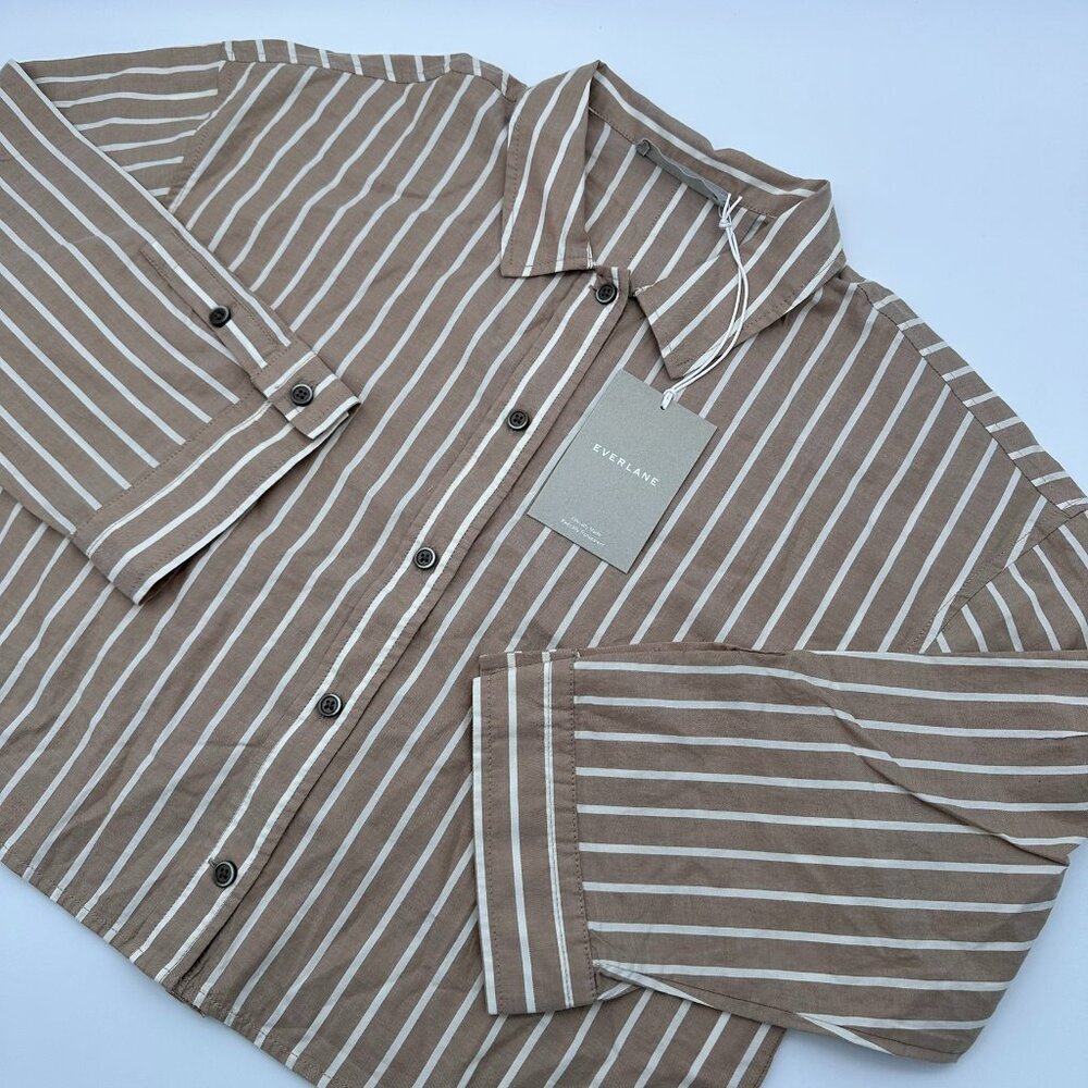 Everlane The Woven 100% Cotton Long Sleeve PJ Pajama Top, Size XS,‎ Brown Stripe